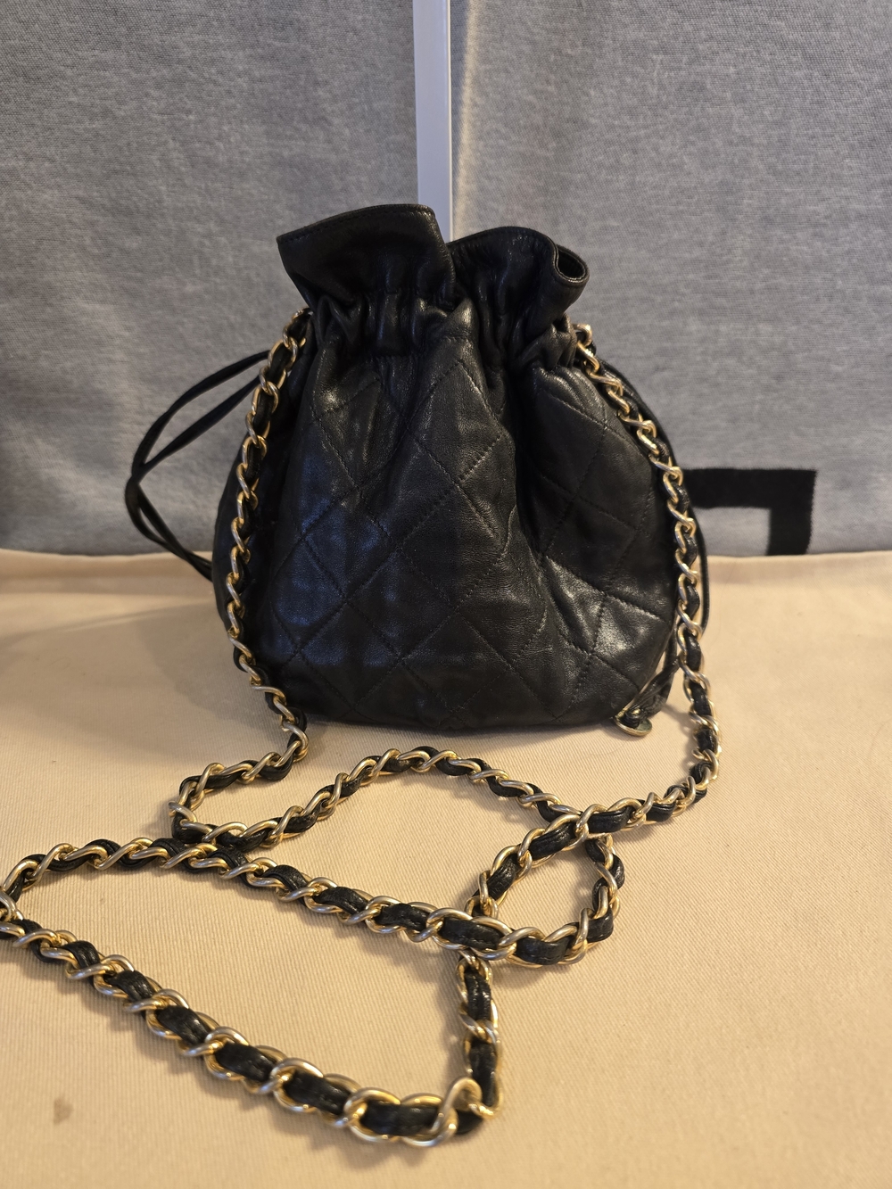 CHANEL Black Quilted Drawstring Crossbody Bucket Bag